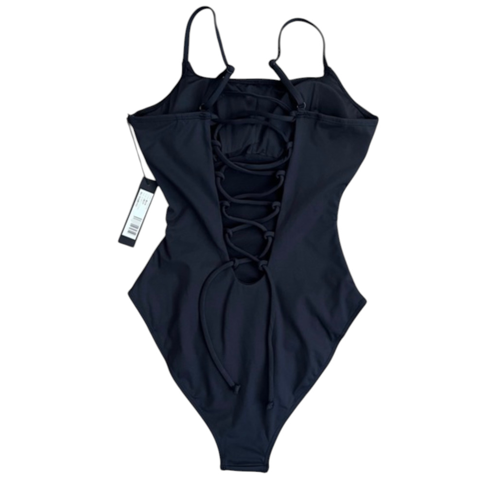 TA3 Lacey Black One Piece Swimsuit Lace Up Back XS Regular Length NWT - Picture 3 of 4